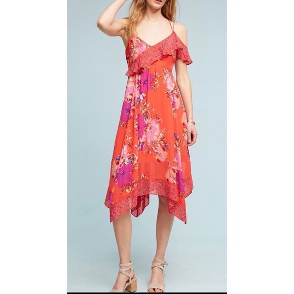 Anthropologie Maeve Grecia Ruffle Floral Silk Dress Size 2 - Picture 2 of 11
